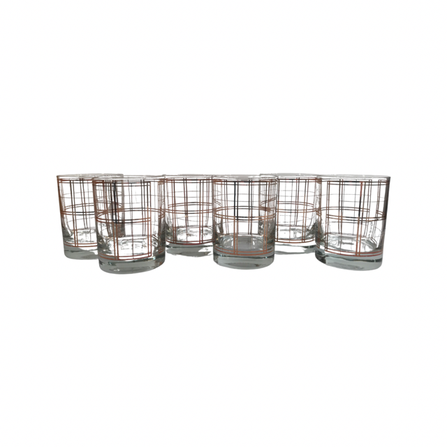 Georges Briard Signed Mid-Century Golden Squares Double Old Fashion Glasses (Set of 6)