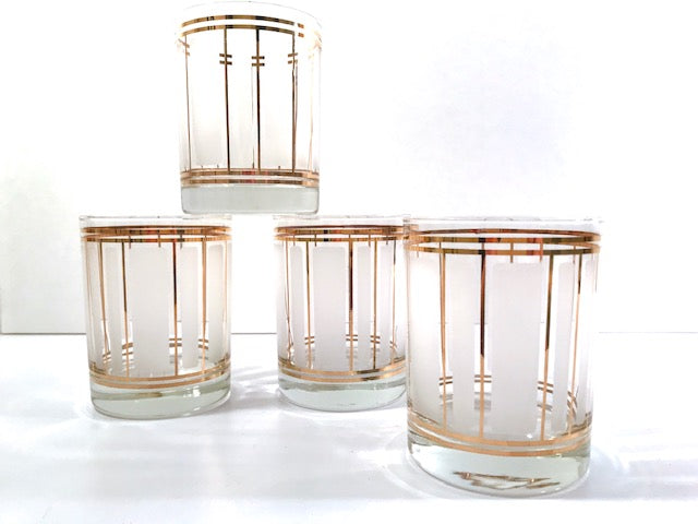 Culver Mid-Century 22-Karat Gold and Frosted Stripes Double Old Fashion Glasses (Set of 4)