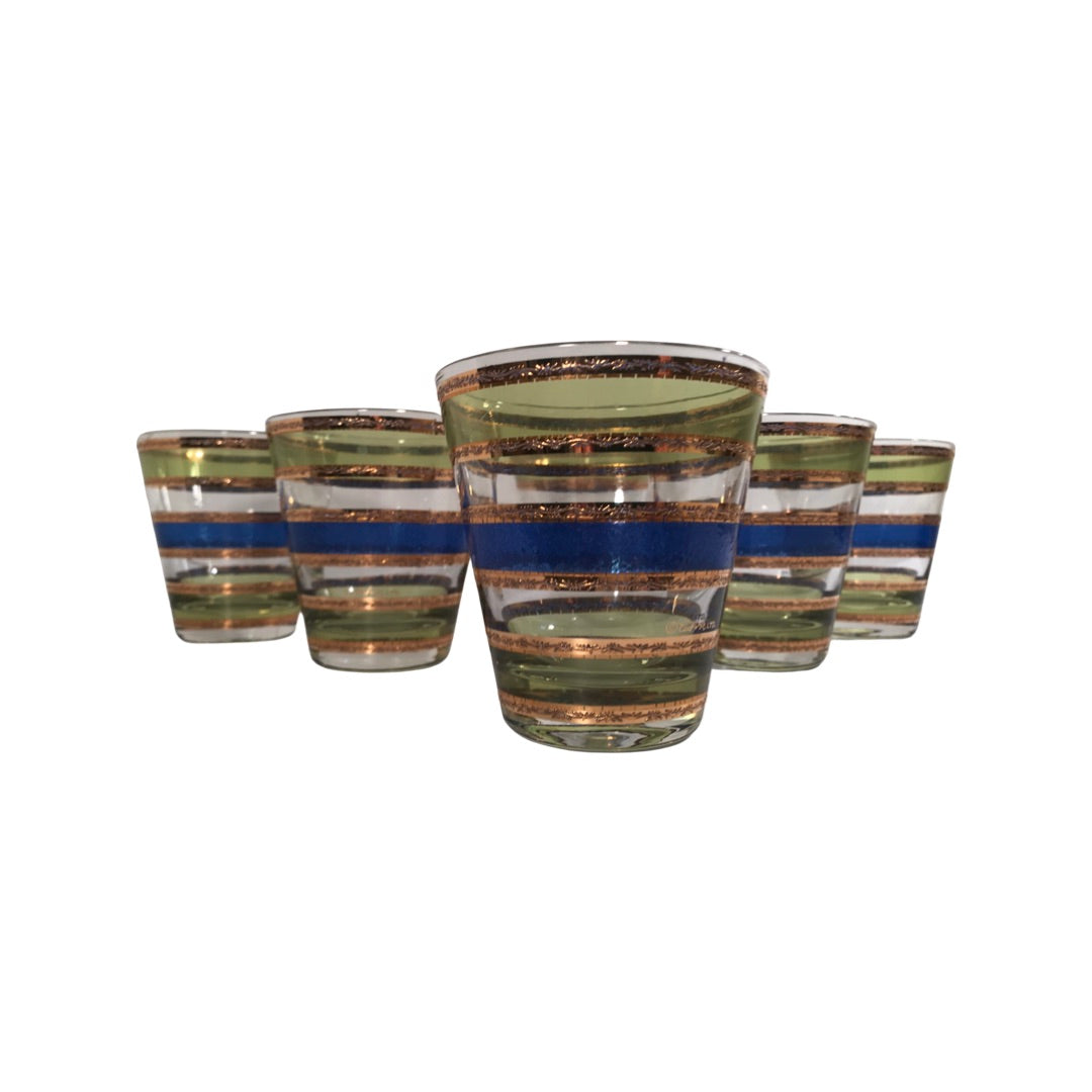 Culver Signed Mid-Century Blue Green and Gold Stripe Double Old Fashion Glasses (Set of 6)