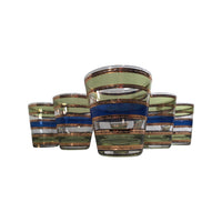 Load image into Gallery viewer, Culver Signed Mid-Century Blue Rondo Green and Gold Stripe Double Old Fashion Glasses (Set of 6)
