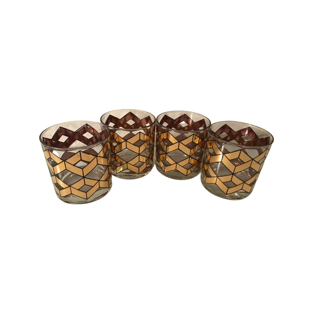 Culver Mid-Century Gold Herringbone Double Old Fashion Glasses (Set of 4)