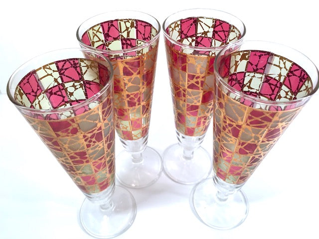 Mid-Century Stained Glass Tall Pilsner Glasses (Set of 4)