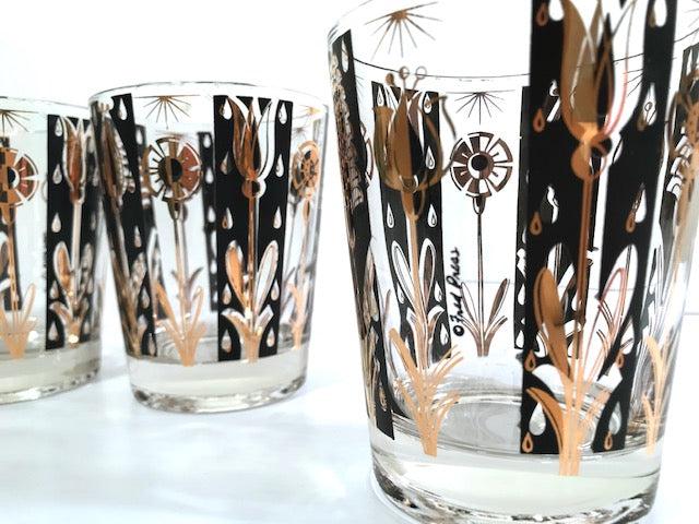 Fred Press Signed Mid-Century 22-Karat Gold and Black Abstract Flower Glasses (Set of 4)