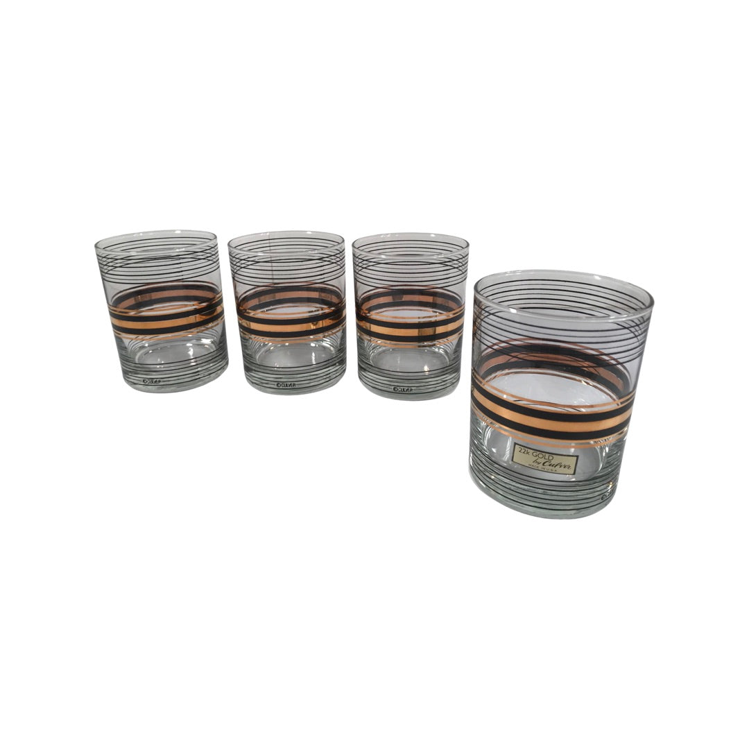 Culver Signed 22-Karat Gold and Black Striped Double Old Fashion Glasses (Set of 4)