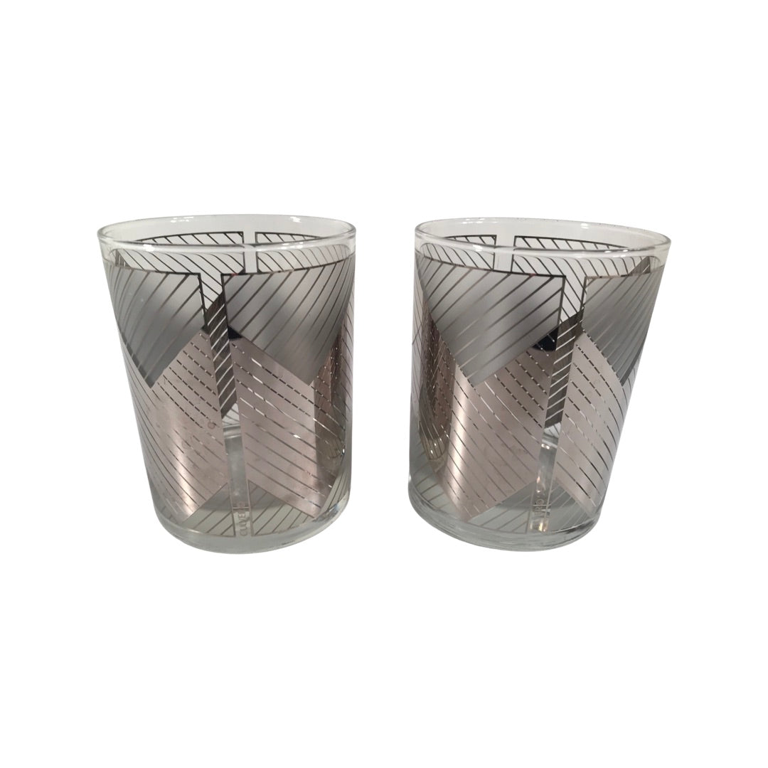 Culver Signed Mid-Century Silver Images Chevron Double Old Fashion Glasses (Set of 2)