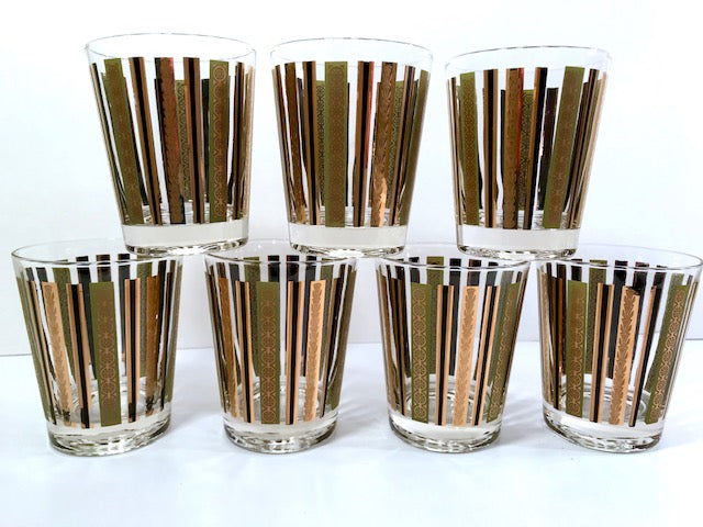 Mid-Century 22-Karat Gold and Green Stripes Double Old Fashion Glasses (Set of 7)
