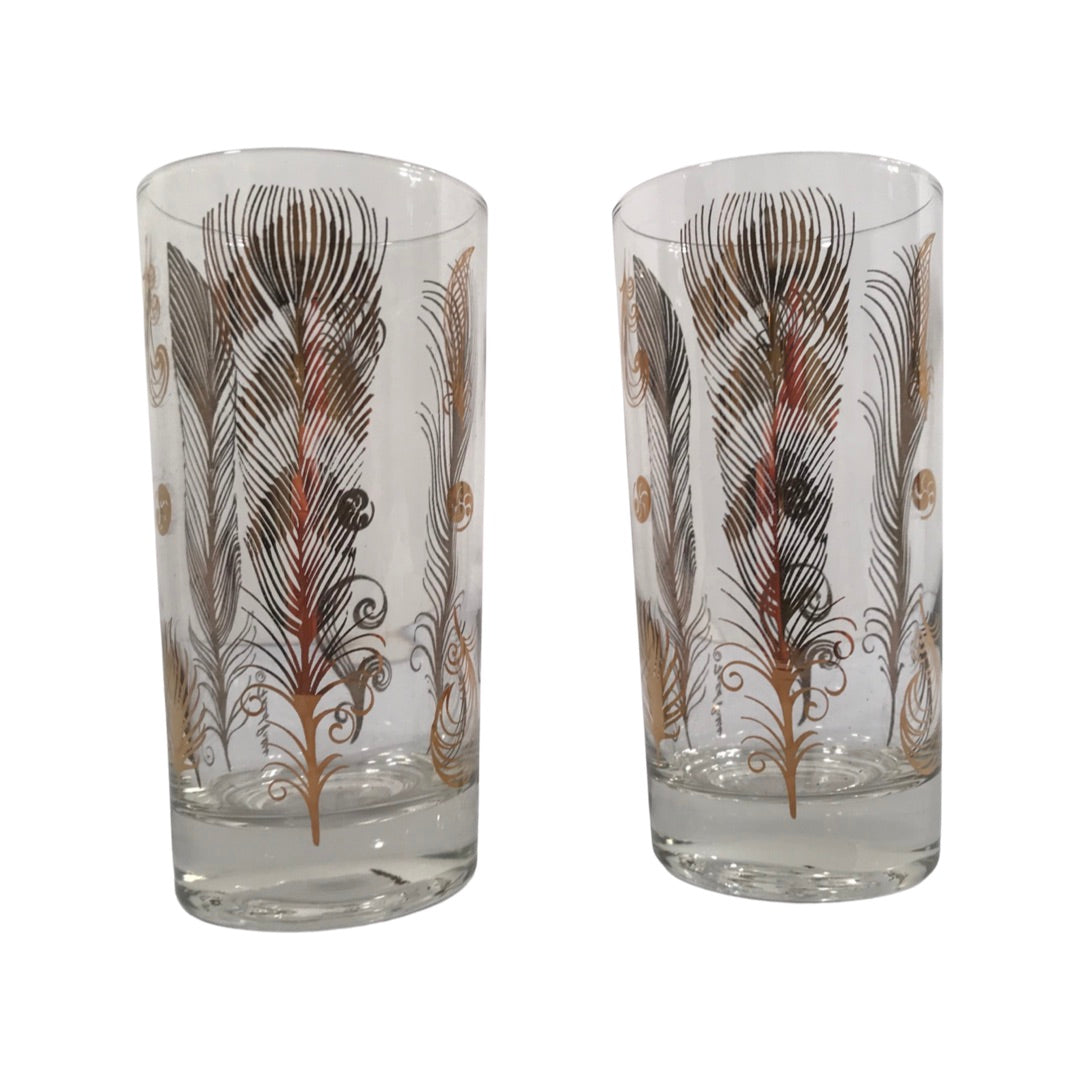 Fred Press Signed Mid-Century Birds of a Feather Highball Glasses (Set