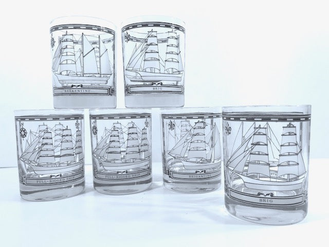 Georges Briard Signed Mid-Century Blue and White Ships Double Old Fashion Glasses (Set of 6)