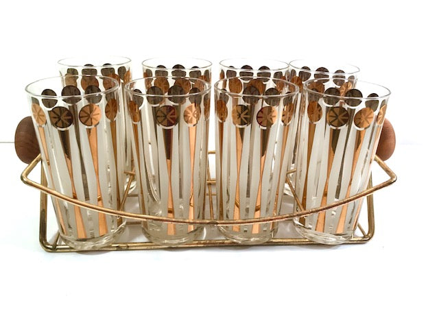 Fred Press Signed Mid-Century Gold and White Atomic Star Glasses (Set of 8 with Carrier)