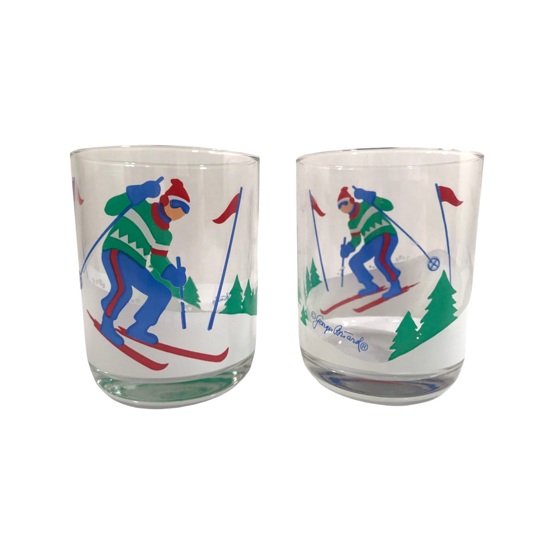 Georges Briard Signed Mid-Century Skier Double Old Fashion Glasses (Set of 2)