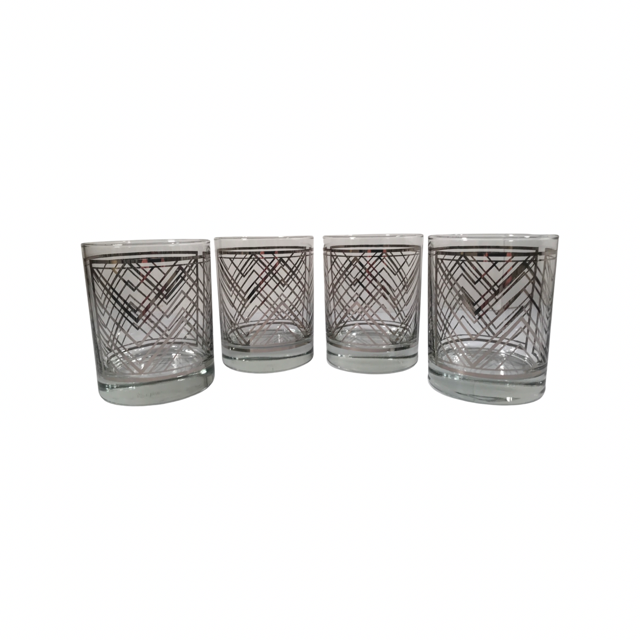 Georges Briard Signed Mid-Century Silver Geometric Double Old Fashion Glasses (Set of 4)