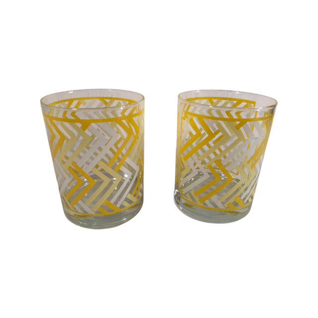 Georges Briard Signed Mid-Century Yellow Chevron Double Old Fashion Glasses (Set of 2)