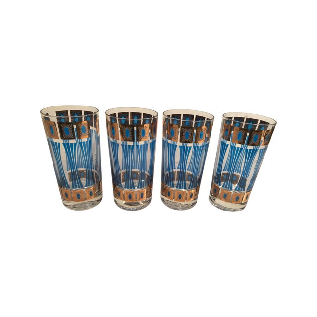 Fred Press Signed Mid-Century Gold and Blue Atomic Highball Glasses (Set of 4)
