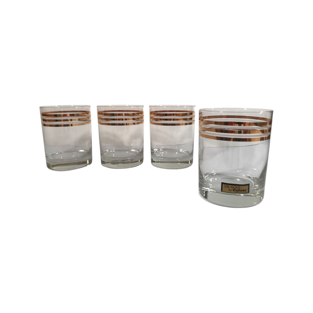 Culver Signed Mid-Century Gold and White Bands Double Old Fashion Glasses (Set of 4)