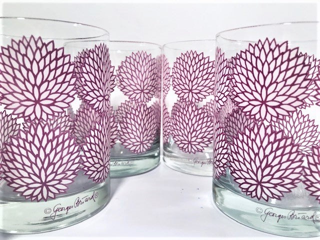 Georges Briard Signed Mid-Century Lavender and White Zinnia Double Old Fashion Glasses (Set of 6)