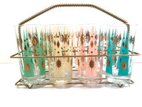 Load image into Gallery viewer, Fred Press Signed Mid-Century Pastel Atomic Burst Highball Glasses (Set of 8) with Carrier
