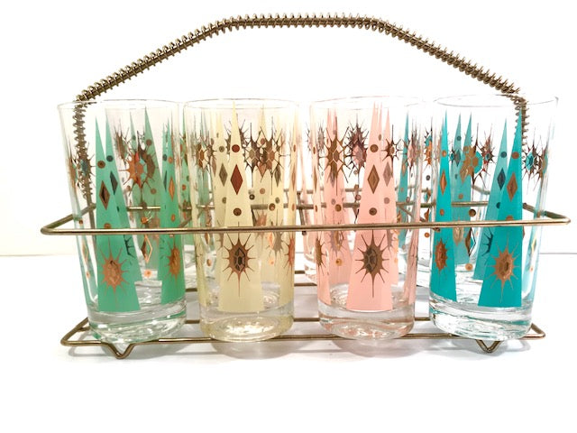 Fred Press Signed Mid-Century Pastel Atomic Burst Highball Glasses (Set of 8) with Carrier