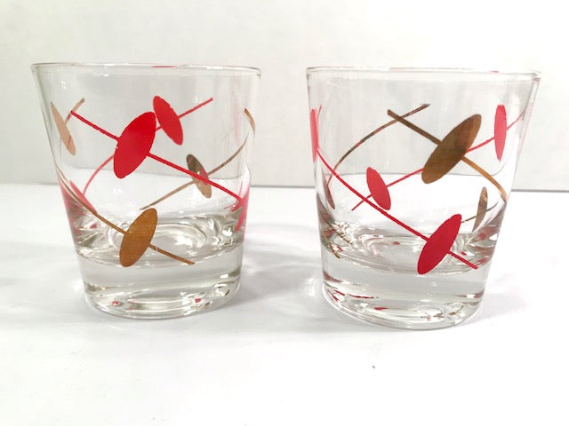 Mid-Century Gold and Red Atomic Swirl Old Fashion Glasses (Set of 2)