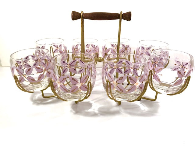 Federal Glass Mid-Century Gold and Lavender Roly Poly Glasses with Atomic Carrier (Set of 8)
