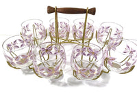 Load image into Gallery viewer, Federal Glass Mid-Century Gold and Lavender Roly Poly Glasses with Atomic Carrier (Set of 8)
