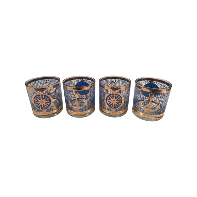 Georges Briard Signed Blue and Gold Navigation/Compass Glasses (Set of 4)