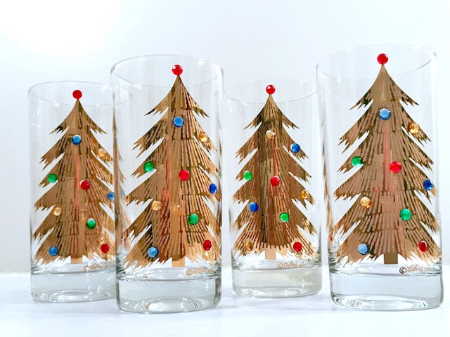 Culver Signed Mid-Century Jeweled Christmas Tree Highball Glasses (Set of 4)