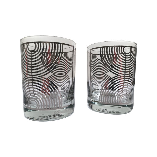 Georges Briard Signed Mid-Century Silver Abstract Double Old Fashion Glasses (Set of 2)