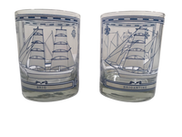 Load image into Gallery viewer, Georges Briard Signed Mid-Century Blue and White Ships Double Old Fashion Glasses (Set of 2)
