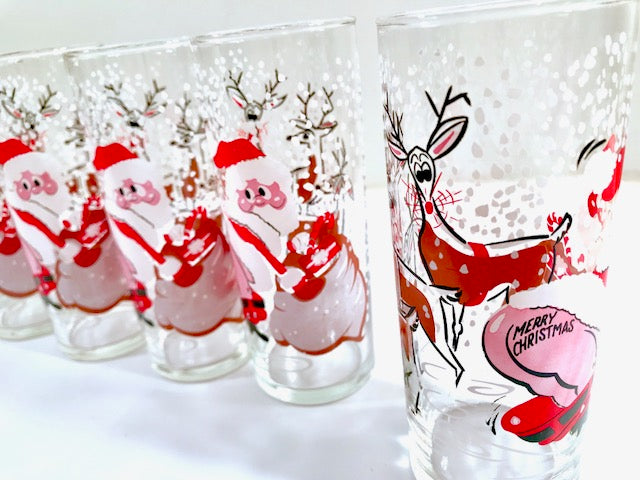 Mid-Century Naughty Santa and Reindeer Highball Glasses (Set of 6)