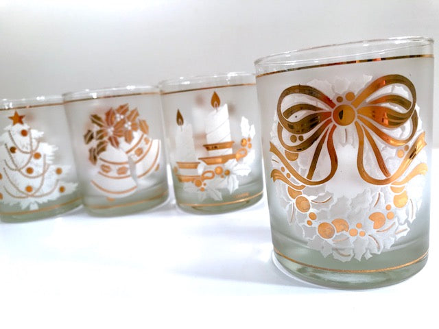 Culver Signed Mid-Century 22-Karat Gold & White Christmas Double Old Fashion Glasses (Set of 4)