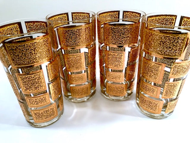Culver Mid-Century 22-Karat Gold Embossed Rectangular Highball Glasses (Set of 4)