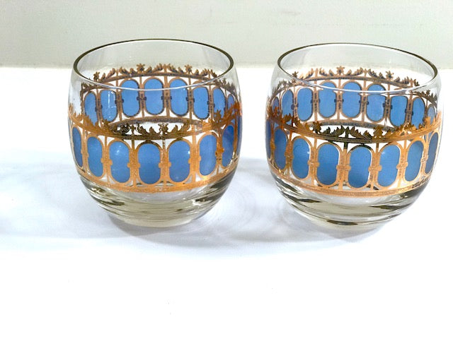 Culver Signed Mid-Century Blue Azure Scroll Roly Poly Glasses (Set of 2)