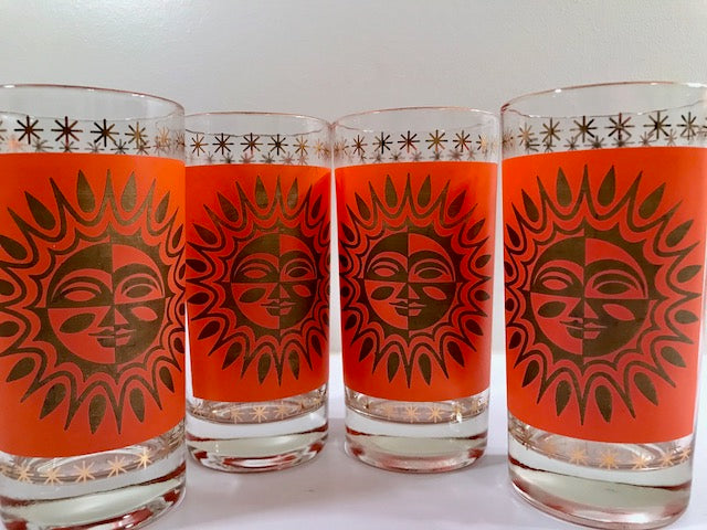 Jeannette Glass Aztec Orange & 22-Karat Gold Sunburst Highball