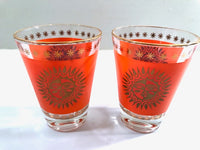 Load image into Gallery viewer, Jeannette Glass Aztec Orange &amp; 22-Karat Gold Sunburst Double Shot/Whiskey Glasses (Set of 2)
