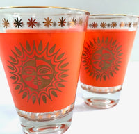 Load image into Gallery viewer, Jeannette Glass Aztec Orange &amp; 22-Karat Gold Sunburst Double Shot/Whiskey Glasses (Set of 2)
