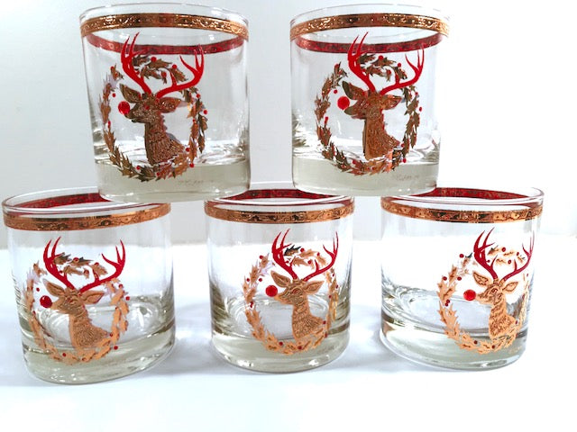 Culver Signed Mid-Century Rudolph The Red Nose Reindeer Old Fashion Glasses - Rare (Set of 5)