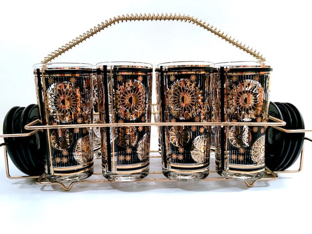 Fred Press Signed Mid-Century Black and 22-Karat Gold Abstract 17-Piece Bar Set