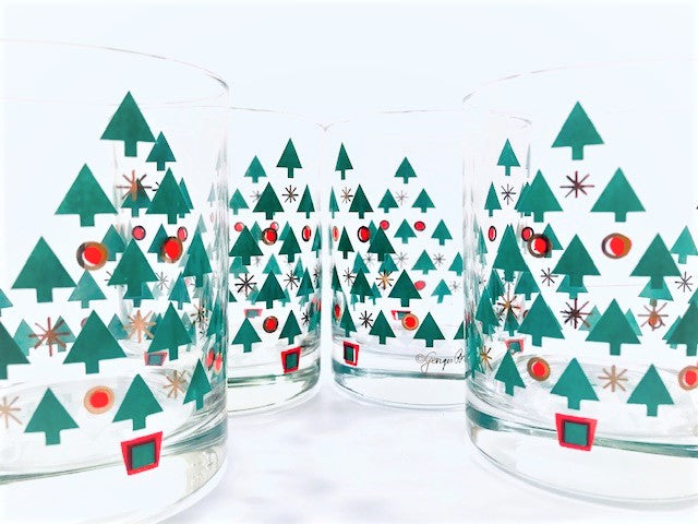 Georges Briard Signed Mid-Century Christmas Tree Double Old Fashion Glasses (Set of 4)