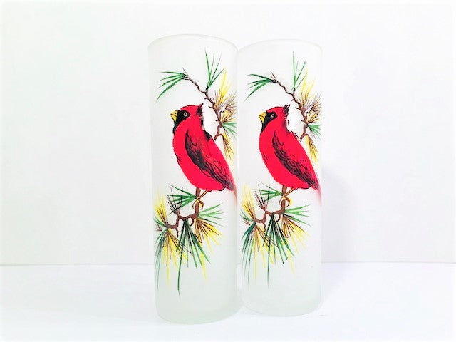 Gay Fad Mid-Century Cardinal and Pine Sprig Tall Collins Glasses (Set of 2)