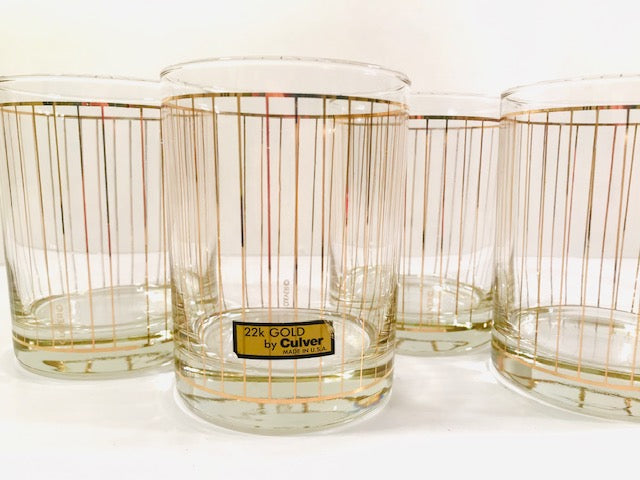 Culver Signed Mid-Century 22-Karat Gold Striped Double Old Fashion Glasses (Set of 4)