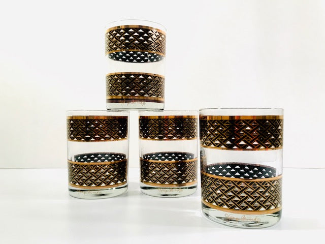 Georges Briard Signed Mid-Century Gold and Black Weave Double Old Fashion Glasses (Set of 4)