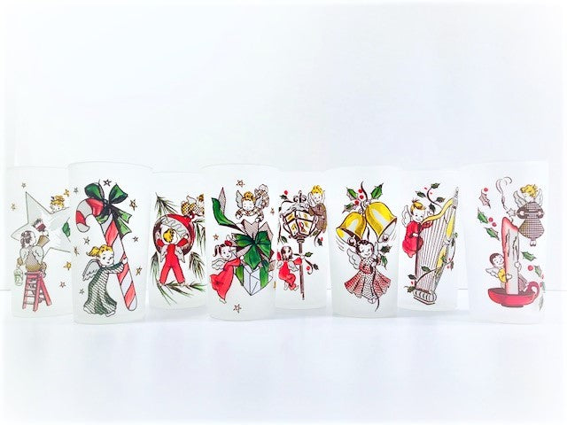 Federal Glass Gay Fad Design Angels Preparing for Christmas (Set of 8)