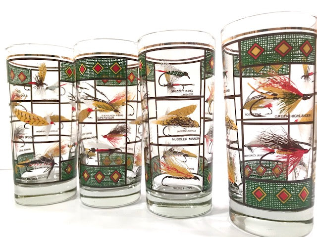 Vintage Fly Fishing Lure Highball Glasses (Set of 4)