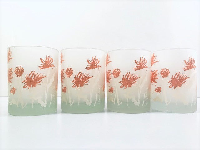 Georges Briard Signed Frosted Summer Flower Double Old Fashion Glasses (Set of 4)