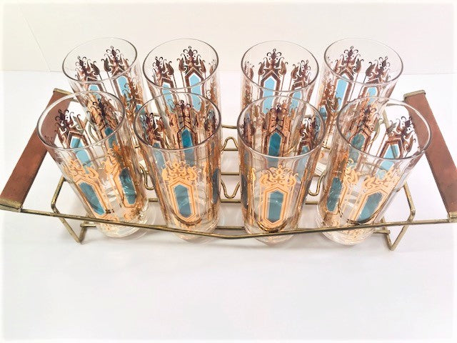Hollywood Regency Mid-Century Gold-Emerald 9-Piece Cocktail Set
