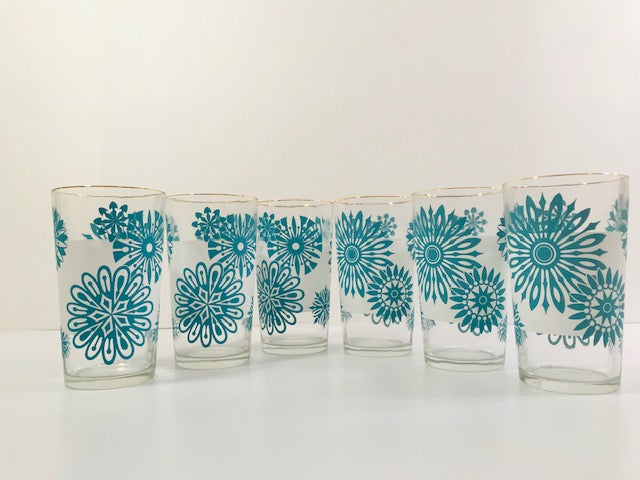 Mid-Century Atomic Turquoise Flower and Frosted White 7-Piece Cocktail Set