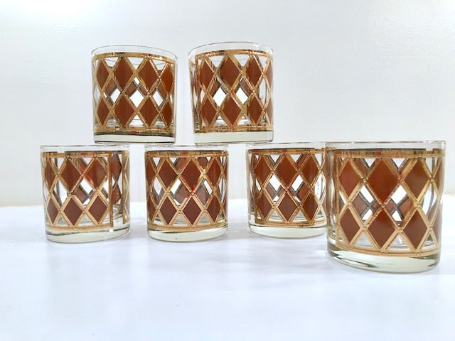 Georges Briard Signed Mid-Century Golden Diamond Glasses (Set of 6)