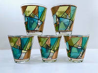 Load image into Gallery viewer, Ned Harris Signed Mid-Century Blue and Green Abstract Double Old Fashion Glasses (Set of 5)
