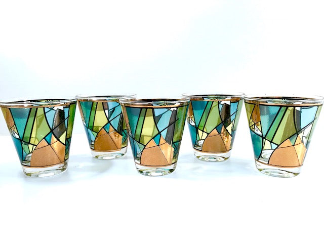 Ned Harris Signed Mid-Century Blue and Green Abstract Double Old Fashion Glasses (Set of 5)