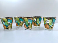 Load image into Gallery viewer, Ned Harris Signed Mid-Century Blue and Green Abstract Double Old Fashion Glasses (Set of 5)
